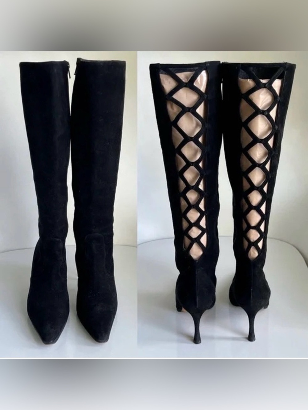 Manolo Blahnik Women's Suede Knee High Boots Black Cut Out Stiletto Womenโs 38 8